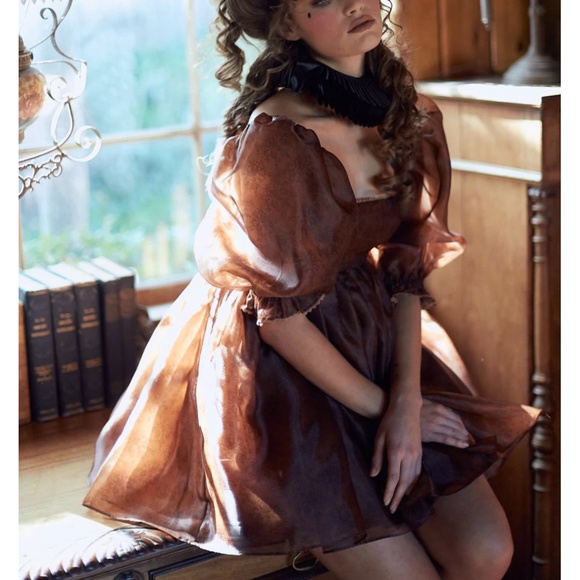 NEW Selkie The Chocolate Lace Puff Mini Dress - Picture 1 of 10